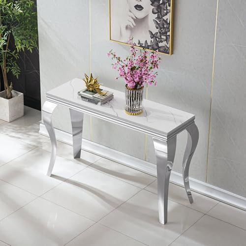 Image of Luxury Marble Console Table, White Faux Marble Top, Silver Stainless Steel S Legs, 46.8 inch Sofa Console Table Behind Couch, Modern Entryway Table for Hallway, Entrance, Foyer, Living Room