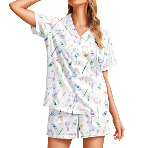 Image of Funny Pajamas for Women Set Print Satin Loungewear Pjs Short Sleeve Button Down Top and Shorts Sets Sleepwear XS-3XL