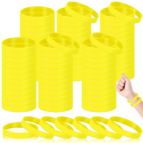 Huquary 100 Pcs Solid Color Rubber Wristbands Rubber Bracelets Silicone Wristbands Sports Bracelets Bulk Adult Wrist Bands for Event Women Men Party Decorations(Yellow)