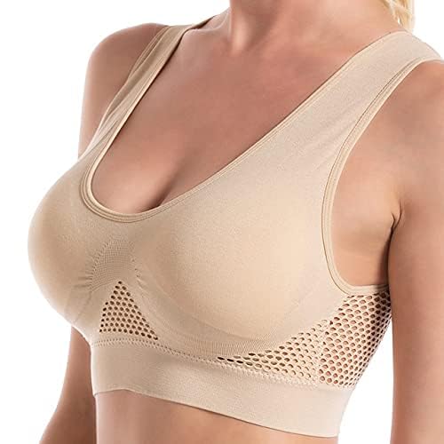 Breathable Sports Bra | Round Neck High Stretch Hollow Fitness Top | Push Up and Sweat Proof Bra | Breathable and Wirefree | Skin | 2XL |-image-20