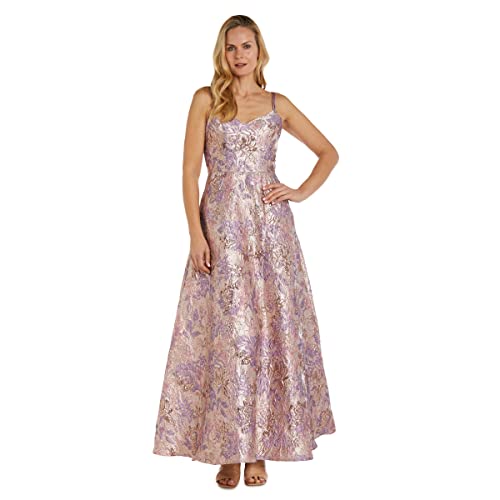 Long Black & Pink Metallic Brocade Evening Gown W/Double Straps