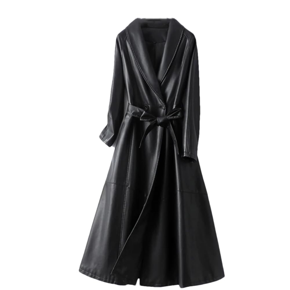 Leather Long Trenchcoats For Women Office Ladies Button Up Belt Jacket Single Breasted Trench Coats