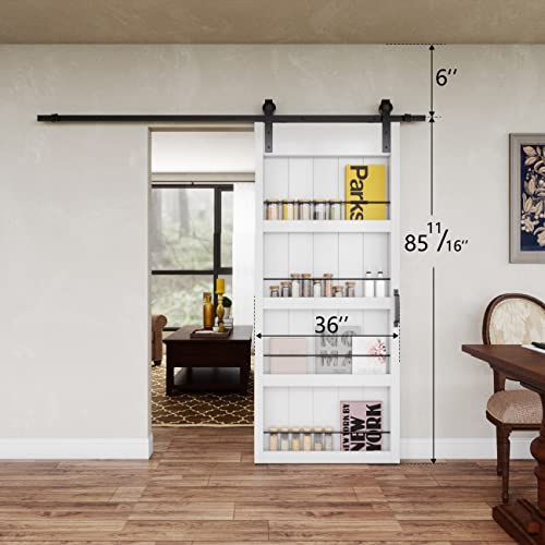 Barner Home 36In X 84In Sliding Barn Door, Shelf Style, Made Of Primed Mdf, With 6.6 Ft Hardware, Handle And Floor Guide #TOP4