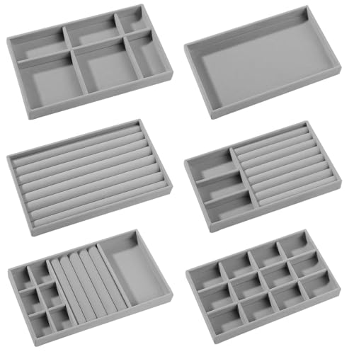 Cnwinu Jewellery Tray 6Pcs,Jewellery Organiser Display,Earring Storage Organiser,Stackers Jewellery Box Organiser,Wardrobe jewelry Storage Drawers,Holds Makeup,Necklace,Bracelet,Jewellery,Ring(Grey)