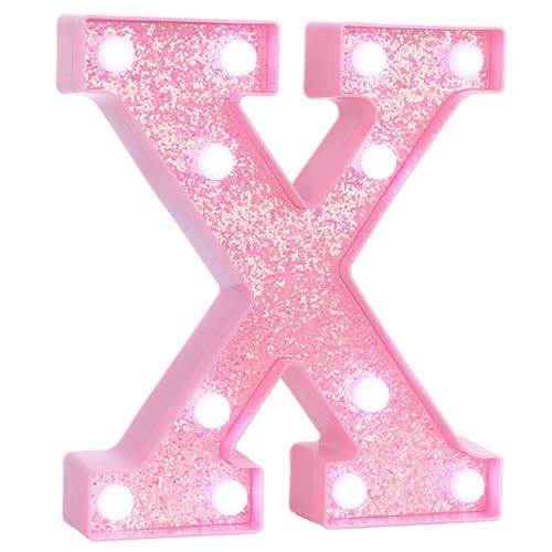 Image of Pink Marquee Light Up Letters, Glitter Alphabet LED Letter Lights for Pink Birthday Party Decorations, Battery Operated Letter Sign for Girls Room Vanity Table Decor, Cool White Lights Letter X