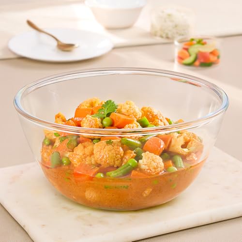 Image of Borosil 2.8 L Round Shape Serving & Mixing Bowl | Made in India Borosilicate Glass Bowl for Kitchen & Dinning | Bowl for Mixing Dough, Salad, Batter, Pasta | Microwave & Dishwasher Safe (Transparent)