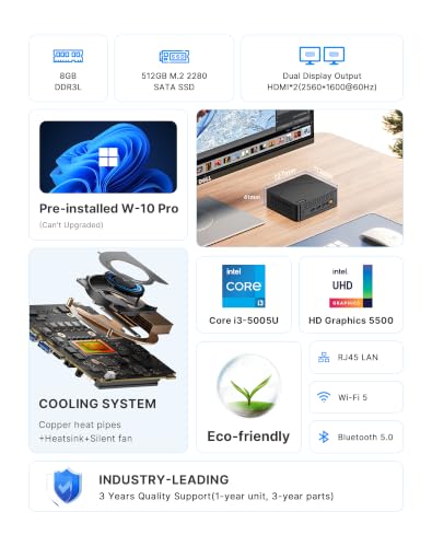 Image of Mini PC Pre 10 Pro, Core 5005U Processor, 8GB RAM 512GB SSD Mini Desktop Computer, Dual HDMI 2.5K Display Support, Gigabit Ethernet , WiFi 5 Bluetooth 5.0, Compact Business PC for Office Home