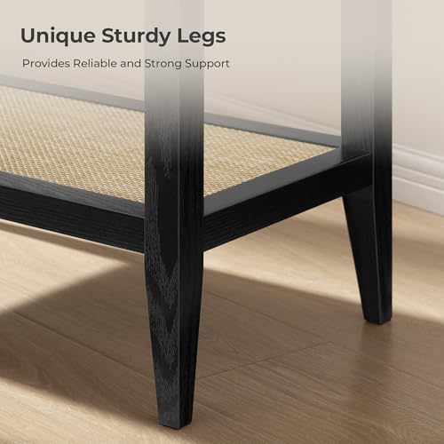 Image of SICOTAS Rattan End Table with Storage, Living Room Table Bedside Table | Farmhouse Boho Night Stand with Open Shelves, Side Table for Bedroom, Living Room, Small Spaces
