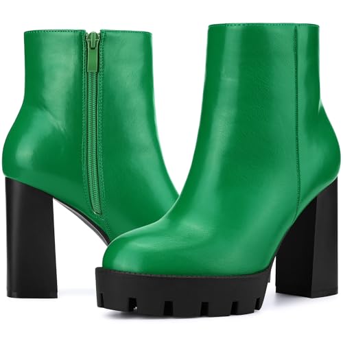 Allegra K Allegra K Women's Platform Lug Sole Round Toe Side Zip Block Heeled Green Chelsea Boots 8 M US