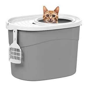 IRIS USA Cat Litter Box Large Top Entry with Litter Catching Lid and Scoop Dog Proof Enclosed Cat Litter Box GrayWhite