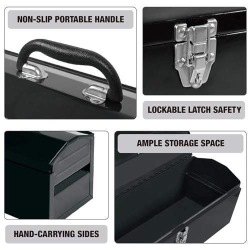 Image of Torin ATB101B-2 19 inch Hip Roof Style Portable Steel Tool Box with Metal Latch Closure and Removable Storage Tray, 19.1 inch x 6.1 inch x 6.5 inch, Black