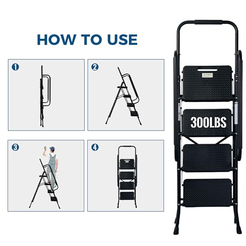 Image of 4 Step Ladder with Handrails, Folding Step Stool with Wide Anti-Slip Pedal, 300 lbs Capacity Sturdy Steel Ladder, Ladder for Home, Garden, Painting, Outdoor, and Garage, Black