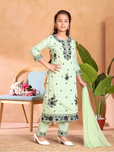 Image of Aarika Girls Ethnic Wear Sea Green Colour Thread Sequin Embroidery Kurti Pant Set With Dupatta
