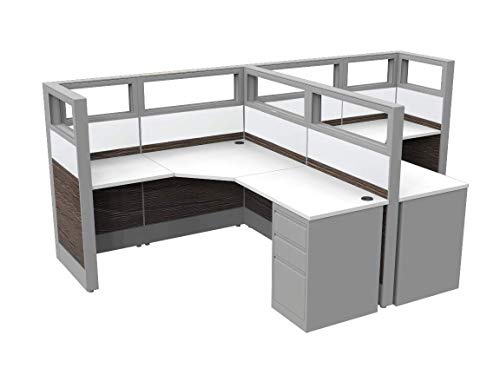 2 Person Cubicle Workstation with L-Shaped Desks and Pedestal Cabinets | Sapphire Cubicle System | 6\' x 6\' x 52\"H | Black Oak