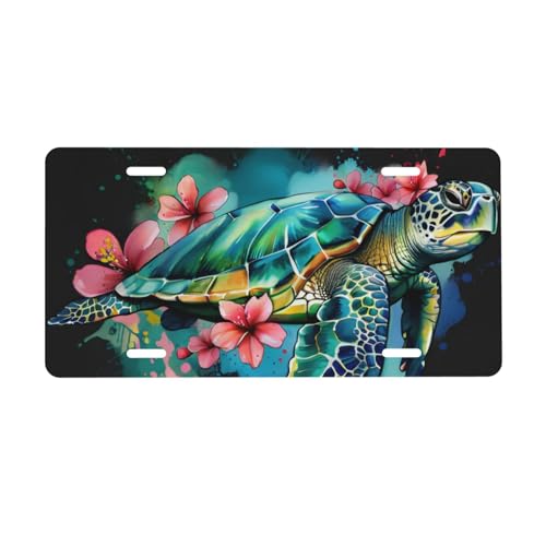 UEQIKI Watercolor Turtle Flower Front License Plate for Women Car Vanity Plates Decorative Aluminum Metal Cute Novelty License Plate Cover for Men 6x12 Inch (4 Holes)