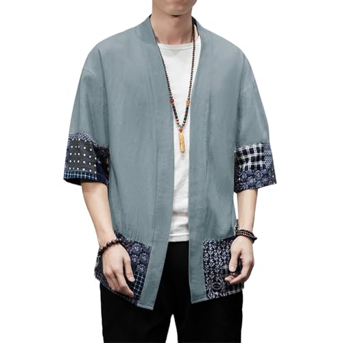 Image of PRIJOUHE Men's Kimono Jackets Cardigan Lightweight Casual Cotton Blends Linen Seven Sleeves Open Front Coat Outwear