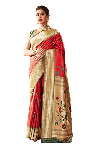 Sari indien paithani pour mariage, tenue traditionnelle en soie rouge Minakari 6.3m