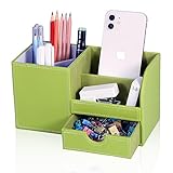 KINGFOM Desk Organizer Office Supplies Caddy Pu Leather Multi-function Storage Box Pen/Pencil,Cell phone, Business Name Cards Remote Control Holder with Small Drawer Green