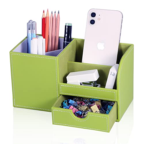 KINGFOM Desk Organizer Office Supplies Caddy Pu Leather Multi-function Storage Box Pen/Pencil,Cell phone, Business Name Cards Remote Control Holder with Small Drawer Green