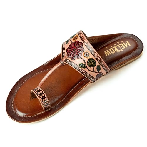 Image of Women Ladies Kolhapuri Genuine Leather Chappal Flats - Slip on Traditional Handcrafted Ethnic and Casual Toe Ring Sandals