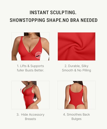 Image of FeelinGirl Shapewear Bodysuits for Women Tummy Control Body Suits Deep V Neck Thong Body Shaper