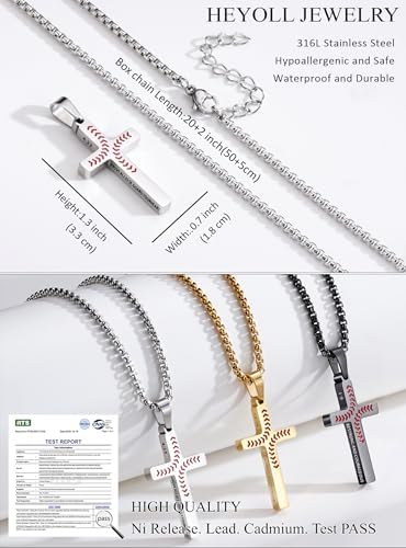 HEYOLL Baseball Necklaces for Boys Men, Bible Verse Silver Cross Chain Pendant Necklace Baseball Drip Gifts Accessories Stuff for Kids Teens Easter First Communion Gifts For Boys — view 4