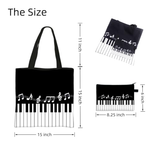 Bolso tote de lona con diseño de teclas de piano y notas musicales, con bolsa complementaria – Conjunto reutilizable para amantes de la música, accesorios de almacenamiento para profesores, negro y blanco miniatura 6