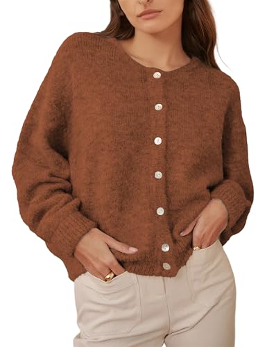 Image of Ynhonra Womens Cardigan Sweater Front Button Loose Y2k Long Sleeve Crewneck | Lightweight Knit Ribbed Hem