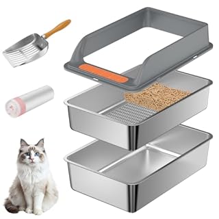 Stainless Steel Sifting Litter Box with Lid, Medium Sifting Cat Litter Box for Pine Pellets & Big Cats,Metal Pellet Sifter Litter Pan System for Odor Control,Sifting Box Liners & Scoop