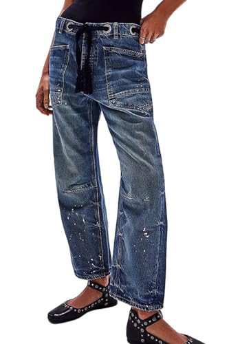 loveimgs Women Casual Drawstring Barrel Jeans Denim Pants Y2k Wide Leg Horseshoe Jeans Patchwork Baggy Jeans Trousers