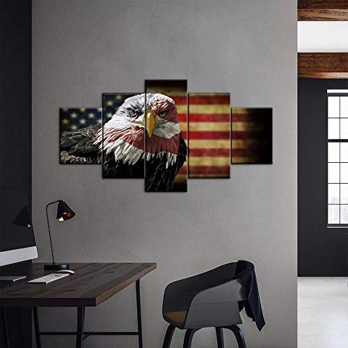 Bald Eagle Usa Flag Wall Art Vintage American Flag Canvas Red Line American Home Decor Eagle Wall Art Pictures For Bedroom Living Room 5 Panel Large American Poster Painting Framed Ready To Hang #TOP4