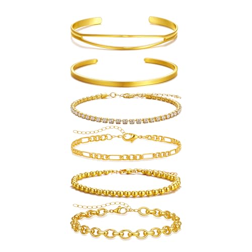BROCC 6PCS Gold Bracelets for women 14K Gold Bangle Stack Adjustable Trendy Cuff Bracelets Gold Filled Stacks Bangles Link Chain Bracelets Collection Jewelry sets