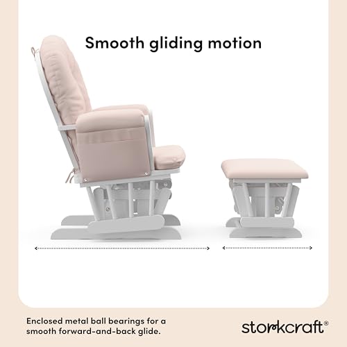 Image of Storkcraft Premium Hoop Glider & Ottoman (White /Pink) - GREENGUARD Gold Certified Nursery Glider, Solid Wood Craftsmanship, Smooth-Gliding Nursery Chair and Ottoman, Award-Winning