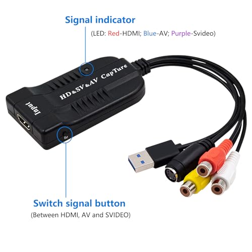 Wiistar USB Video Capture Card HDMI/AV/RCA/S-Video to USB2.0 Audio Video Capture Device 1080P30fsp Hi8, VCR, VHS to Digital Converter for Camcorder DVD PS4 Live Streaming Compatible with Mac Windows