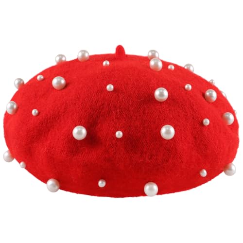 BESTOYARD Beret Pearl Autumn Winter Cashmere Beret Starry Beaded Pearl Rivet Wool Beret (Red), 27x27x1cm