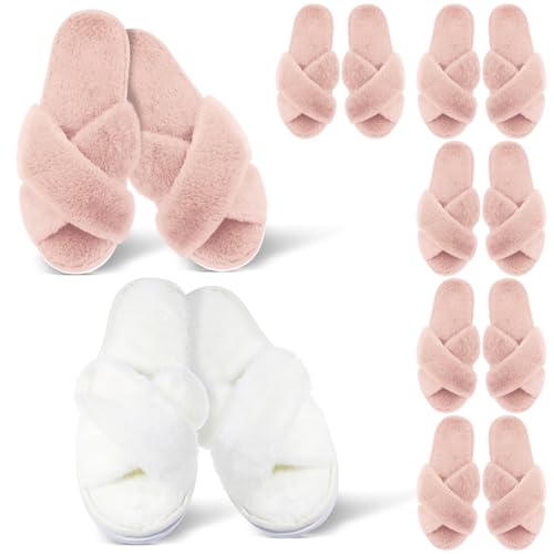 Image of JenPen 7 Pairs Bridesmaids Slippers Women's Cross Band Fuzzy Bachelorette Party Slippers for Wedding Bridal Party