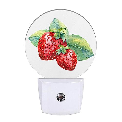 Image of Nightlight Watercolor Strawberry with Fresh Green Leaf Night Lights Plug into Wall Dusk to Dawn Sensor Round Night Light for Adults Boys Girls, 0.5W Energy Efficient