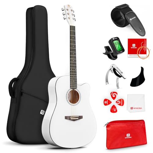 Vangoa 41' Acoustic Guitar Bundle for Beginners Adults Teens Dreadnought Full Size Cutaway Guitarra Acustica Kit with Gig Bag, Tuner, Steel Strings, Capo, Strap, White