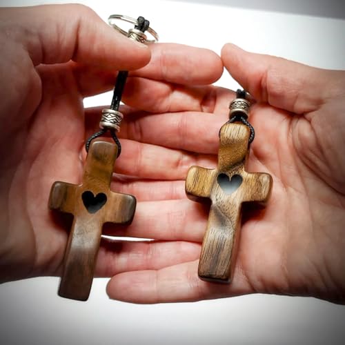 Image of 2 PCS Cross My Heart | Encouragement Gift Wooden Cross Key Chain Fingertip Stress Relief Gifts Pocket Small Cross Christmas Gift Handheld Wooden Cross Key Chain