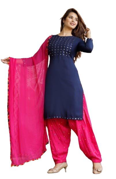Designer Rayon A-Line Kurta Patiala Set, Pink Mirror Work Embroidered Suit with White Dupatta, Traditional Indian Ethnic Wear-image-14