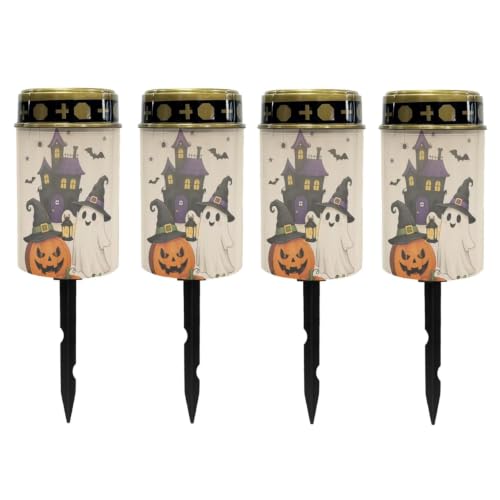 Image of Poceacles Solar Lights Outdoor Solar Powered Outdoor Cemetery Stake Candle Grave Lamp Landscape Lighting Halloween Grave Flameless Candle, Pumpkin Ghost Print Beige, Pack of 4