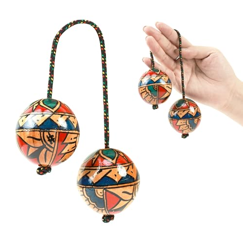 1 Pack Wooden Kashaka Shaker for Christmas Music Performance, Adjustable Length African Shakers, Asalato Instrument Rhythmic Ball, Traditional Aslatuas Double Balls Hand Percussion (Painted)