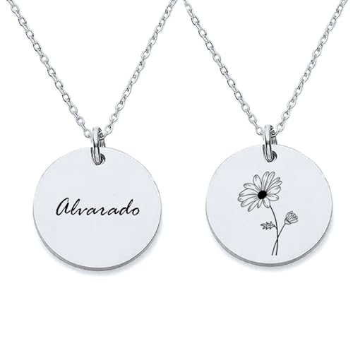 HUAN XUN Personalized Alvarado Necklace for Women Custom Engraved Birth Month Flower Disc Necklace Customized Floral Pendant Initial Name Necklaces Jewelry for Birthday Mother Day