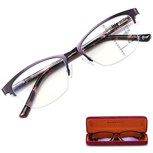 Missfive Premium Progressive Multifocus Metal Reading Glasses Women & A Case, Quality Spring Hinge Blue Light Blocking No Line Lens Multifocal Readers(for Mid-Near Workspace_2.5x_Deep Purple)