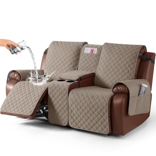 Image of KinCam 100% Waterproof Loveseat Recliner Cover with Console, Taupe