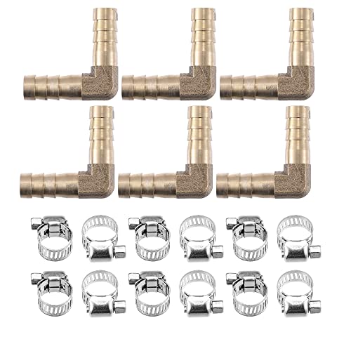 X AUTOHAUX 6Set 10mm L Shaped Hose Barb Brass Hose Fitting Connector with Clamp