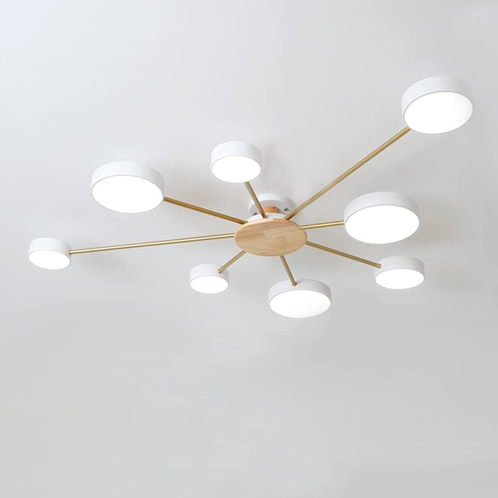 Dimmable LED Flush Mount Ceiling Light Fixture with 3000K-6000K Light Color Adjustable,48Inch 64W Chandelier Modern Wood Ceiling Lamp for Bedroom Kitchen, 8-Lights Indoor Lighting White Pendant Light