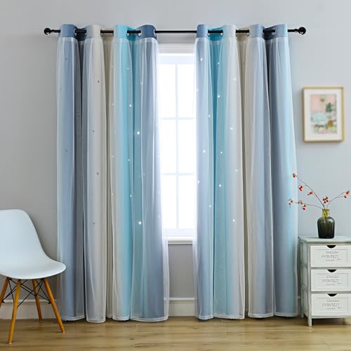 Image of Anytime Double Layer Dreamy Star Blackout Curtain 1 Panel W52 x L80,Blue