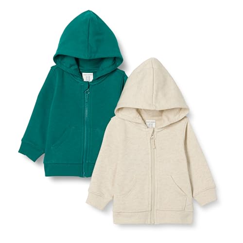 Amazon Essentials Unisex Baby Kapuzenpullover mit Reißverschluss aus französischem Frottee, 2er-Pack, Dunkles Smaragdgrün/Haferbeige Meliert, 18 Monate