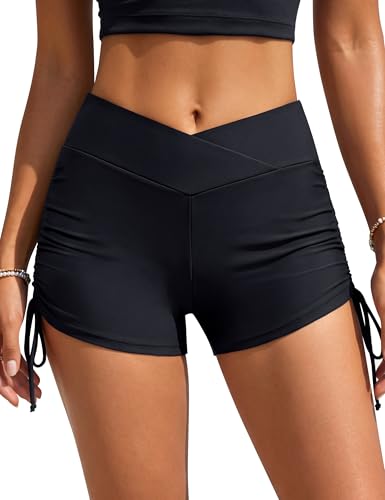 BMJL Womens Swim Shorts Crisscross V-Waist Side Adjustable Drawstring Bikini Bottoms Boy Shorts(Black M)